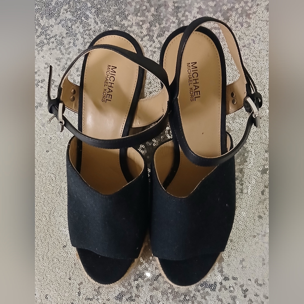 MICHAEL Michael Kors Black Suede Espadrille Wedge Sandals - Picture 12 of 16